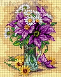Kanwa 24 x 30 cm,  2676 Bukiet z powojnikiem i stokrotkami.