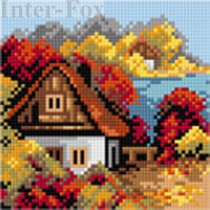 Kanwa 15 x 15 cm, 2244 Jesień - Chatka nad jeziorem.