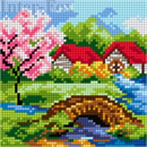 Kanwa 15 x 15 cm, Kanwa 2528 Wiosna- Mostek na rzece.